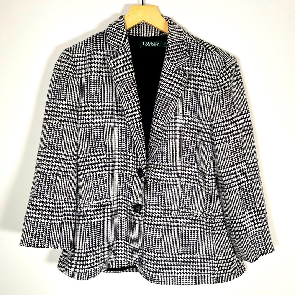 Lauren Ralph Lauren Houndstooth Plaid Print Button Up Down Blazer Jacket Size 10